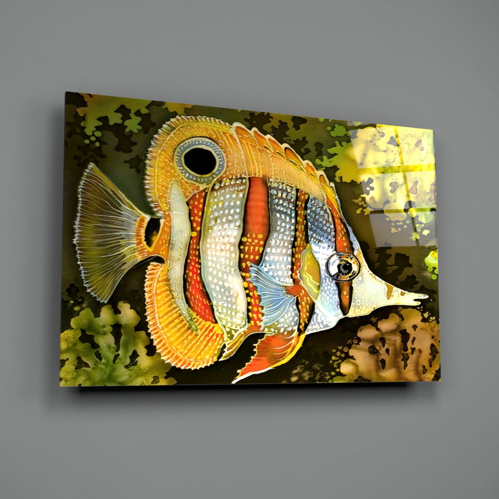 Tropical Fish close-up showing orange-yellow stripes against emerald coral