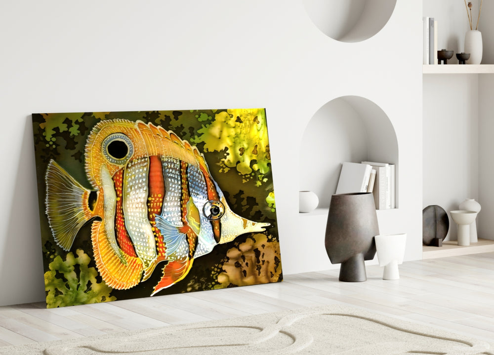 Tropical Fish glass wall art styled above a console in a bathroom