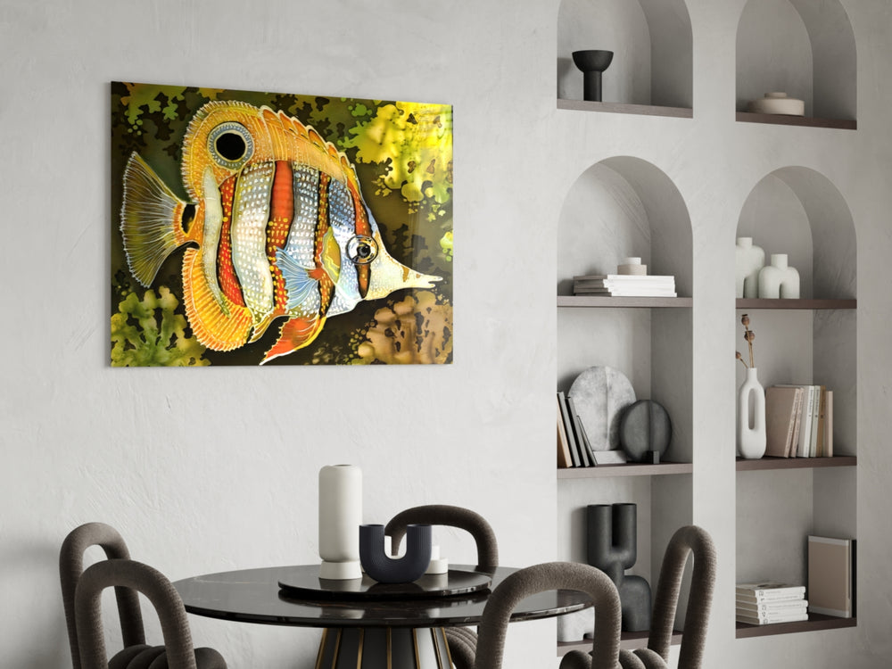 Tropical Fish glass print enhancing a dining room with cinematic drama