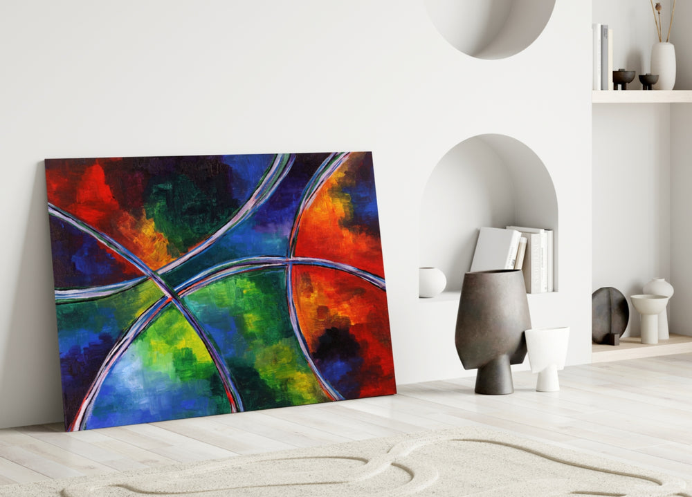 Color Circles glass wall art styled above a sofa in a creative office