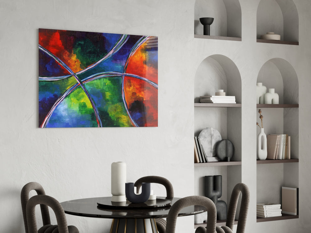 Color Circles glass print enhancing a hallway with cinematic drama