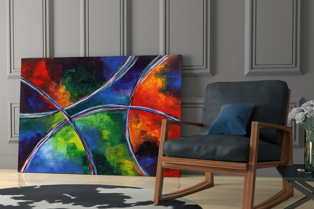 Color Circles artwork anchoring a wall with bold modernist palette