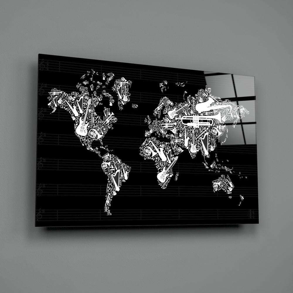 Music Map close-up showing instrument silhouettes forming continents