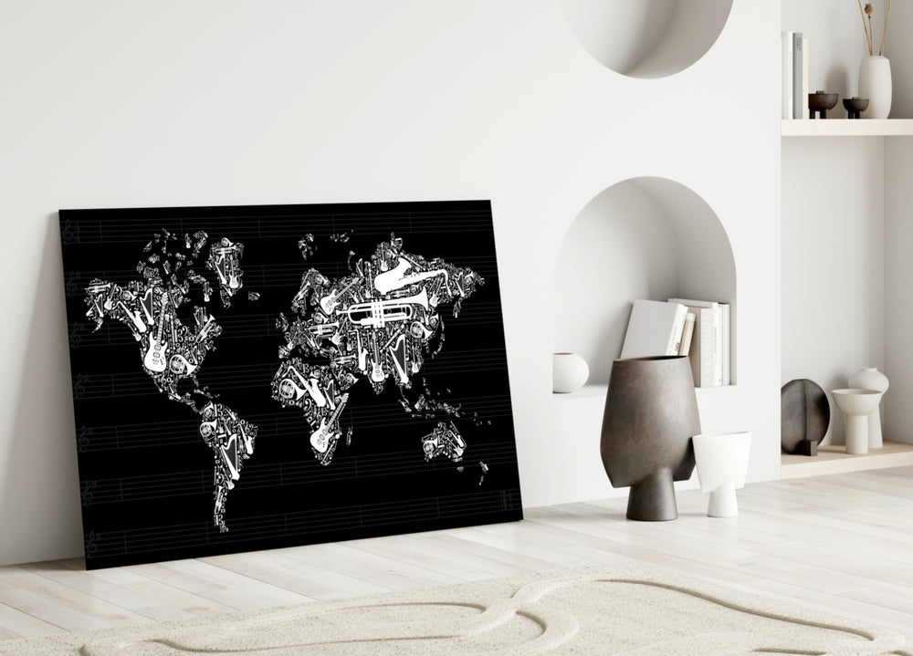 Music Map glass wall art styled above a piano in a music room