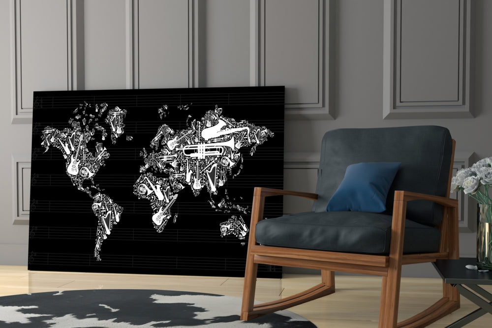Music Map artwork anchoring a wall with bold music palette