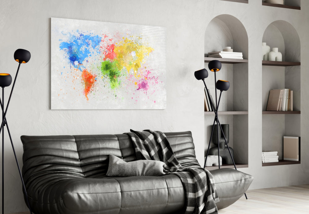 Watercolor Map panel adding playful mood to a hallway