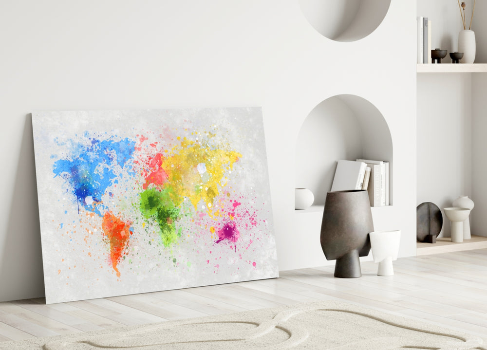 Watercolor Map glass wall art styled above a credenza in a kids room