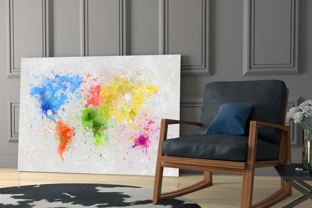 Watercolor Map artwork anchoring a wall with cheerful traveler palette