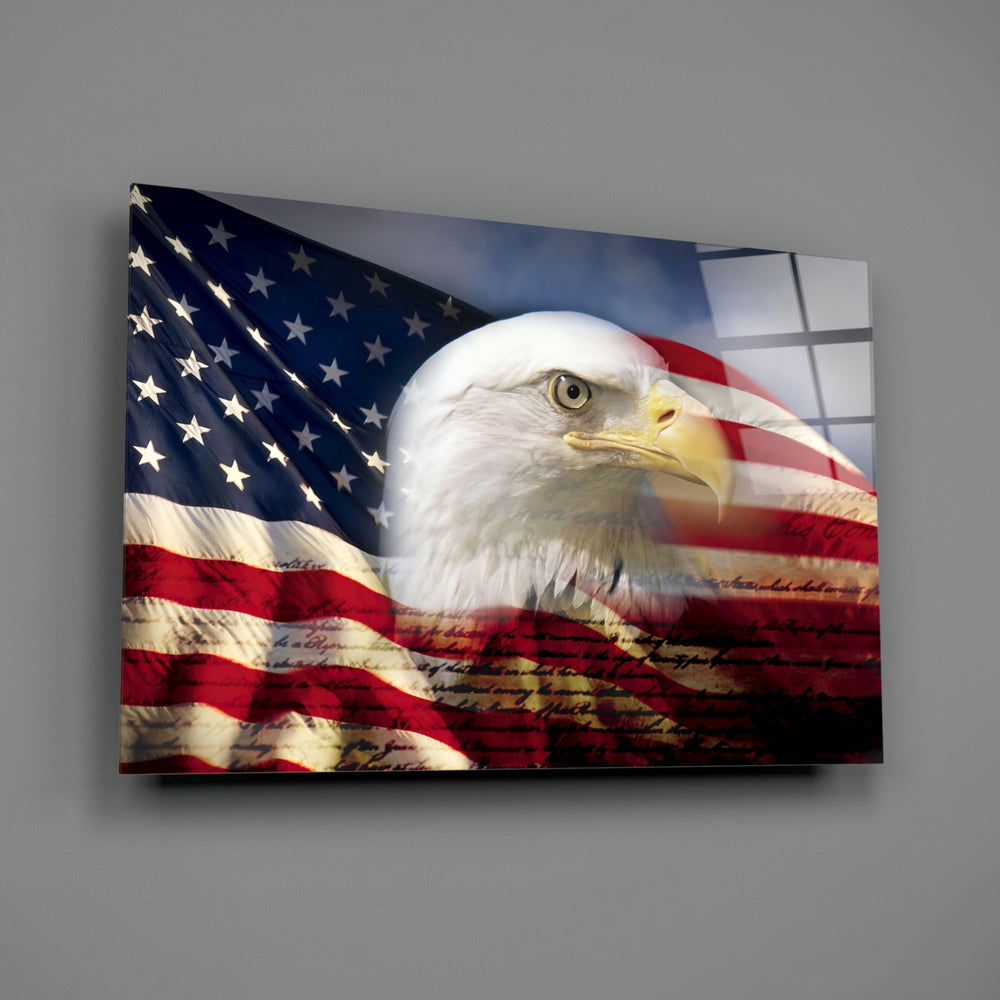 American Eagle close-up showing eagle profile against star-spangled flag