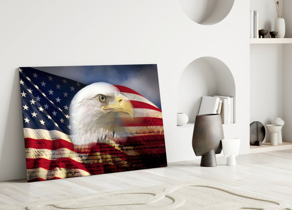 American Eagle glass wall art styled above a credenza in a man's office