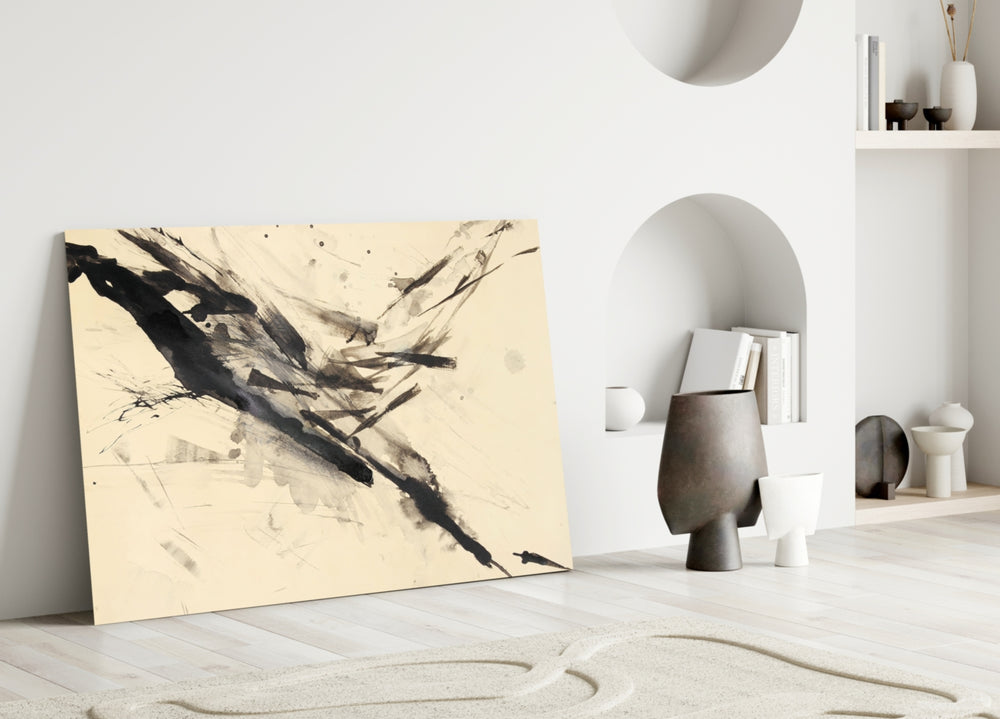 Sumi Ink glass wall art styled above a credenza in a hallway
