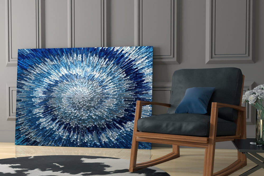 Crystal Burst artwork anchoring a wall with cool futurist palette