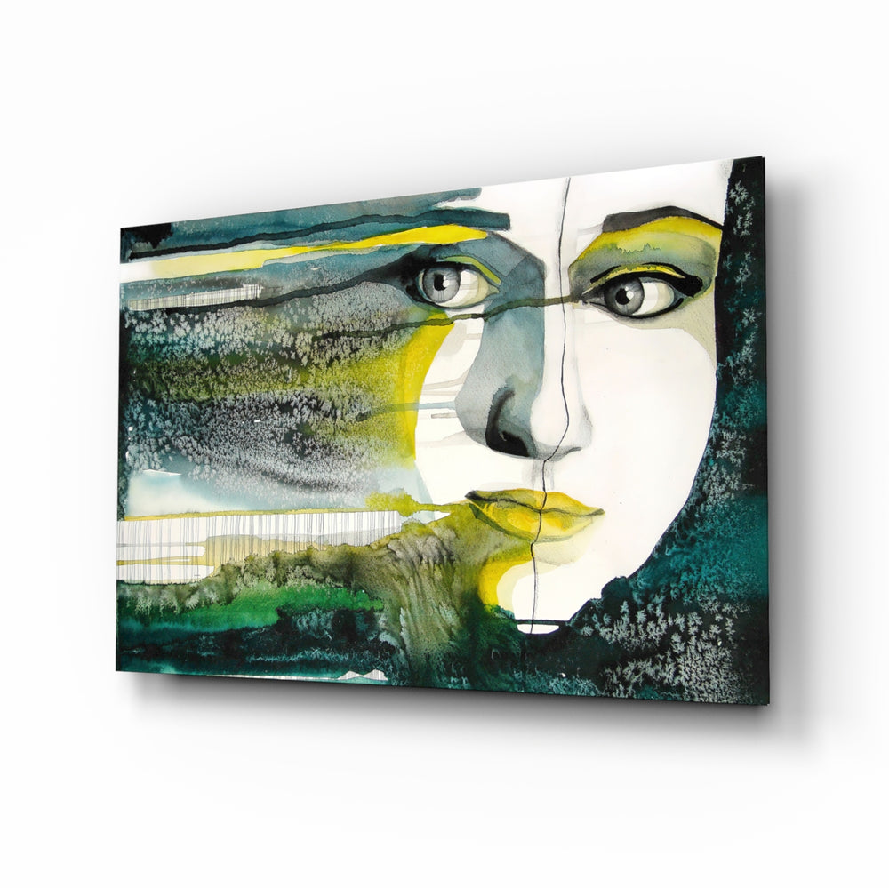 Watercolor-portrait panel bringing moody drama to a contemporary living space
