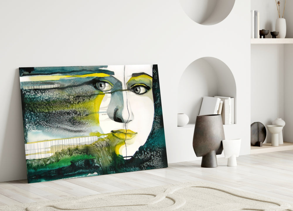 Emerald Portrait glass wall art styled above a credenza in a master bedroom