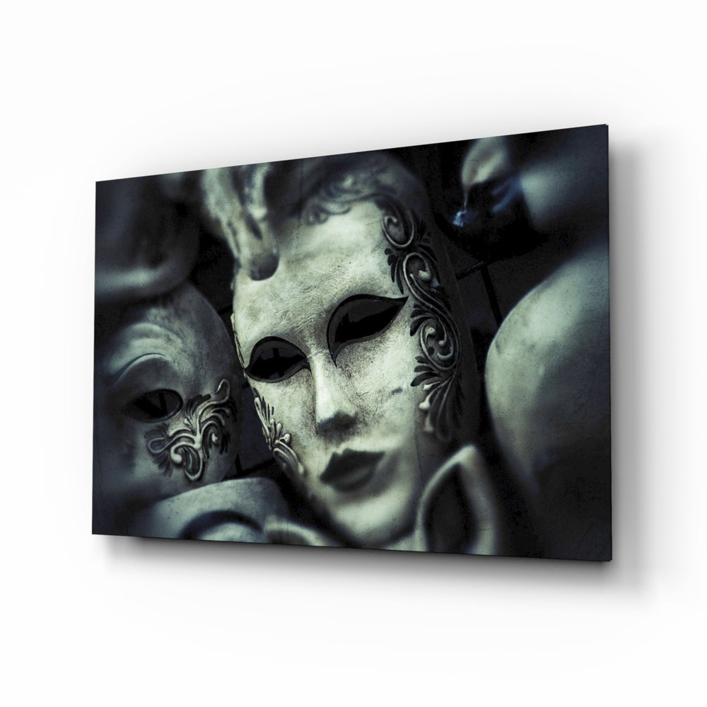 Baroque-mask panel bringing moody drama to a contemporary library lounge