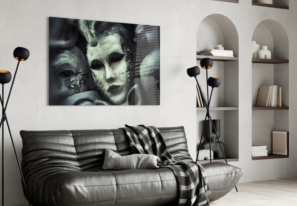 Venetian Masks panel adding editorial mood to a hallway