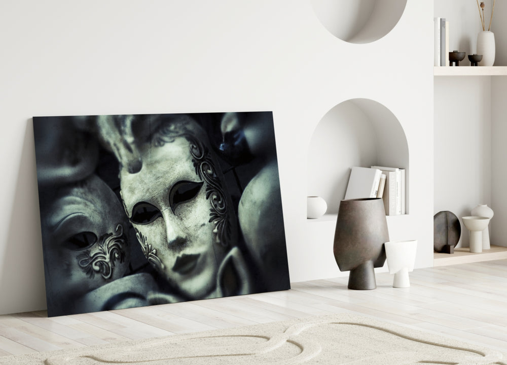 Venetian Masks glass wall art styled above a credenza in a dining room