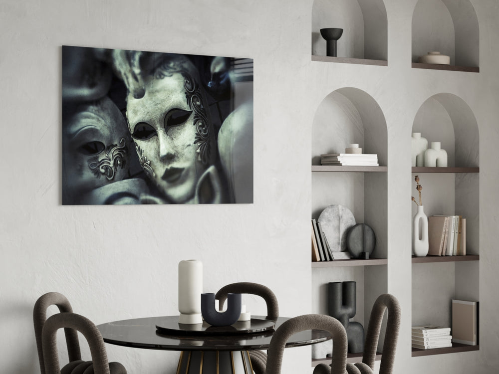 Venetian Masks glass print enhancing a study with cinematic drama