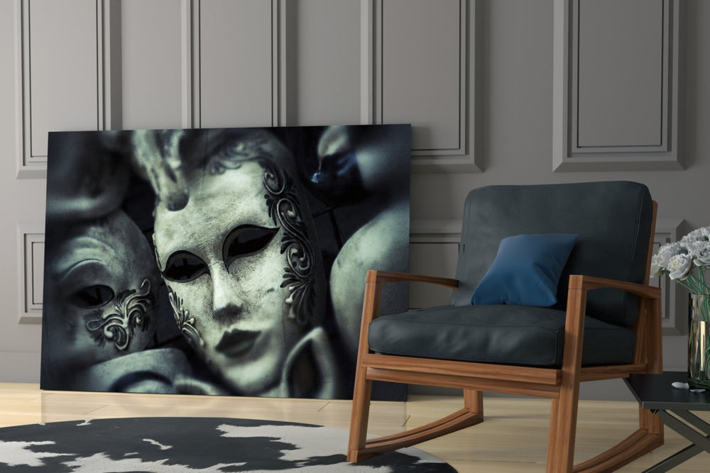 Venetian Masks artwork anchoring a wall with moody theatrical palette