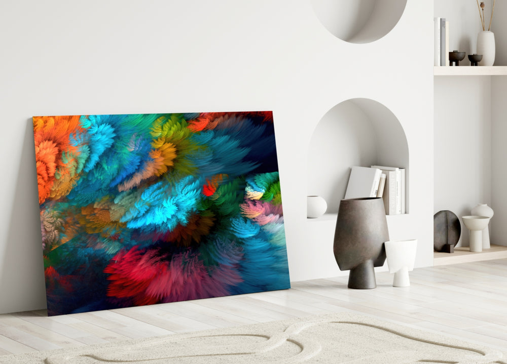 Fractal Feathers glass wall art styled above a credenza in a creative office