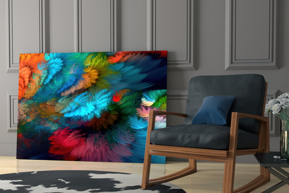 Fractal Feathers artwork anchoring a wall with bold organic palette