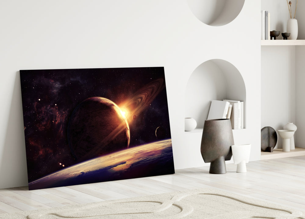 Ringed Planet glass wall art styled above a credenza in a man cave
