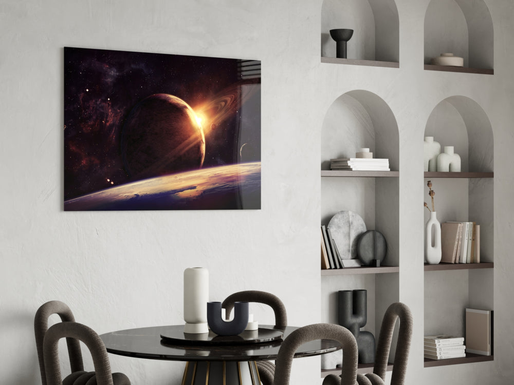 Ringed Planet glass print enhancing a study with cinematic drama