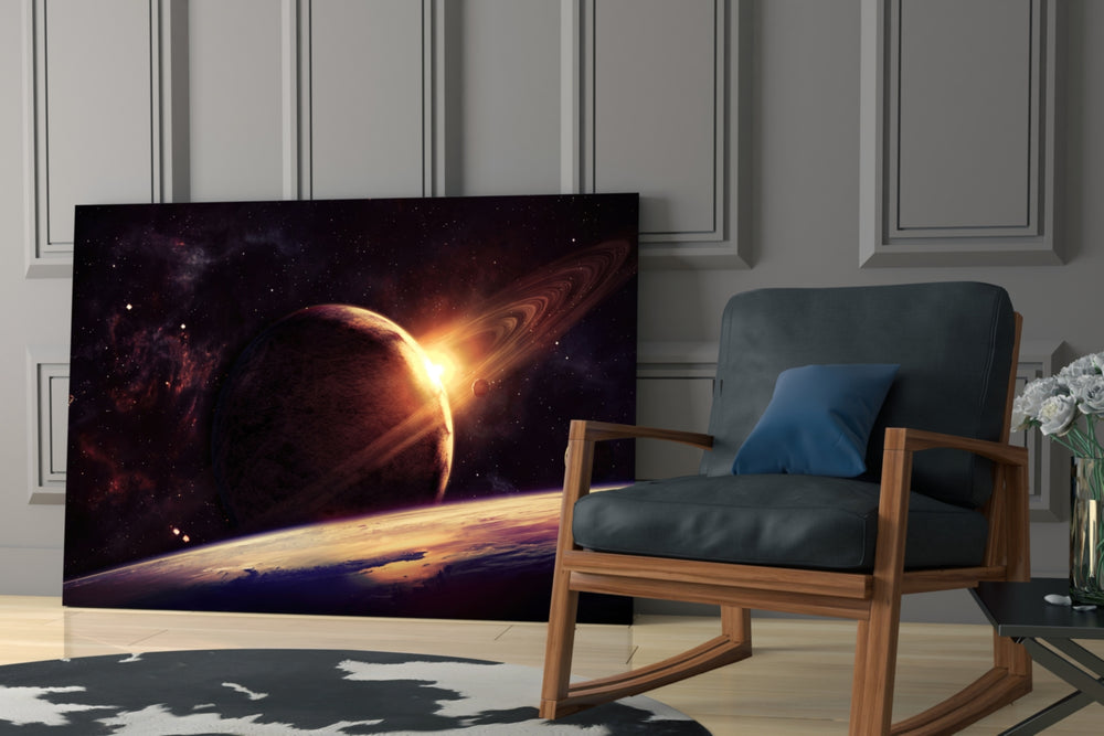 Ringed Planet artwork anchoring a wall with cosmic mystical palette