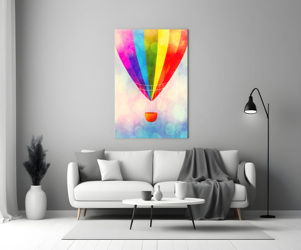 Rainbow Balloon glass wall art styled above a crib in a kids room