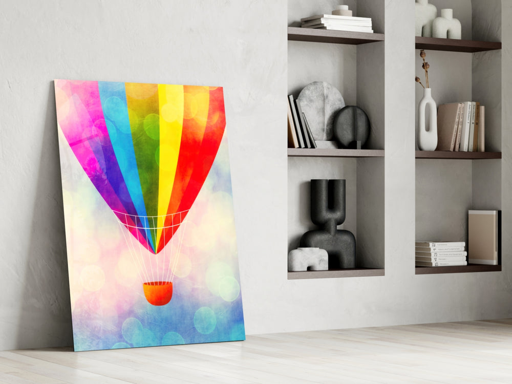 Rainbow Balloon artwork anchoring a wall with playful cheerful palette