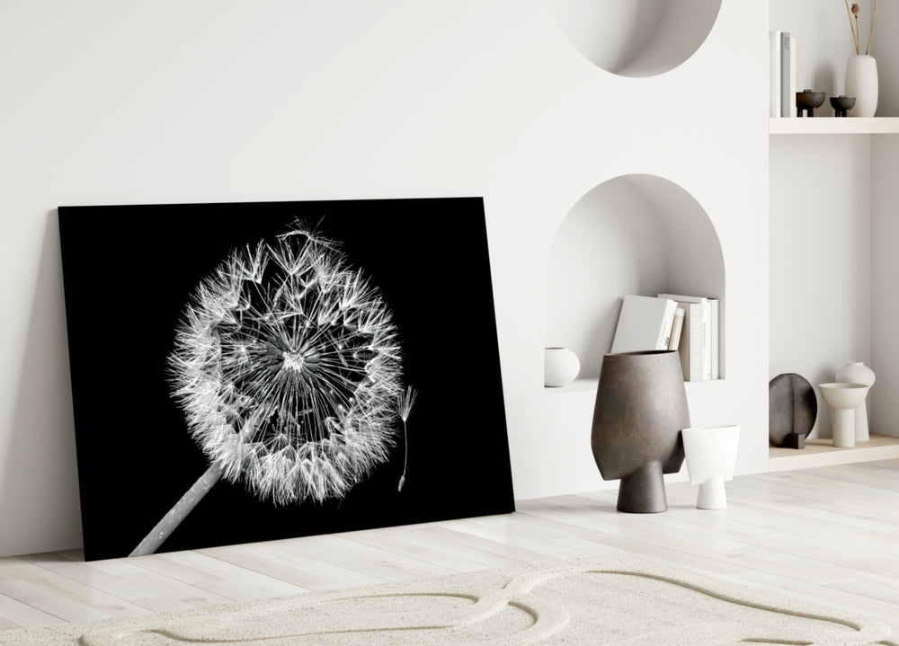 Dandelion Wish glass wall art styled above a bed in a master bedroom