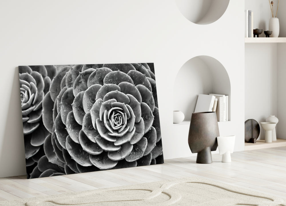 Silver Succulent glass wall art styled above a console in a bathroom