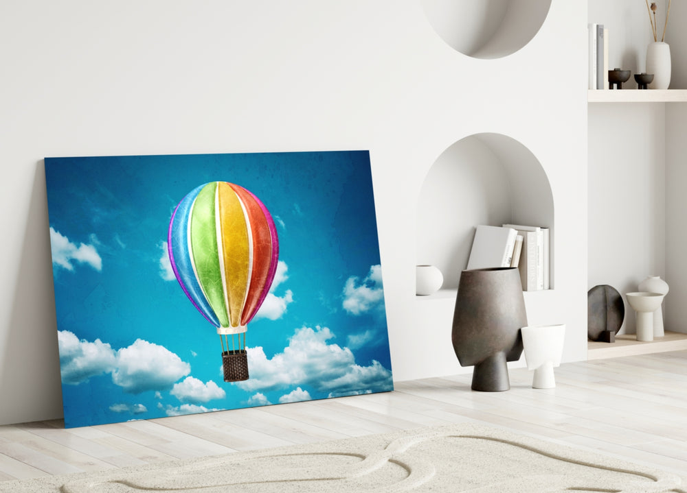 Sky Balloon glass wall art styled above a crib in a kids room