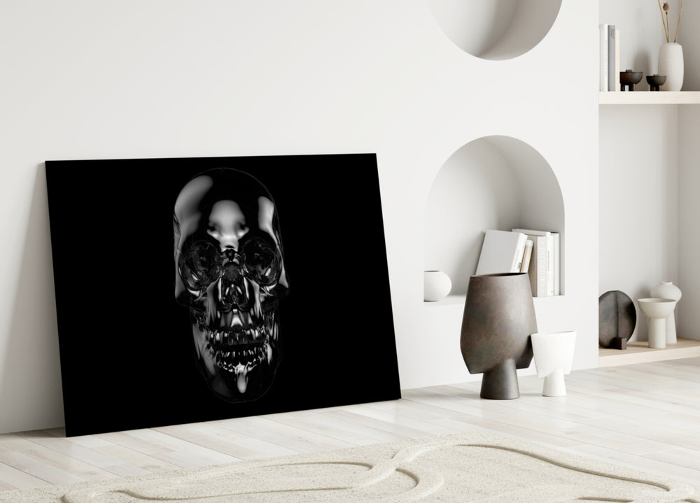 Black Skull glass wall art styled above a sofa in a man cave