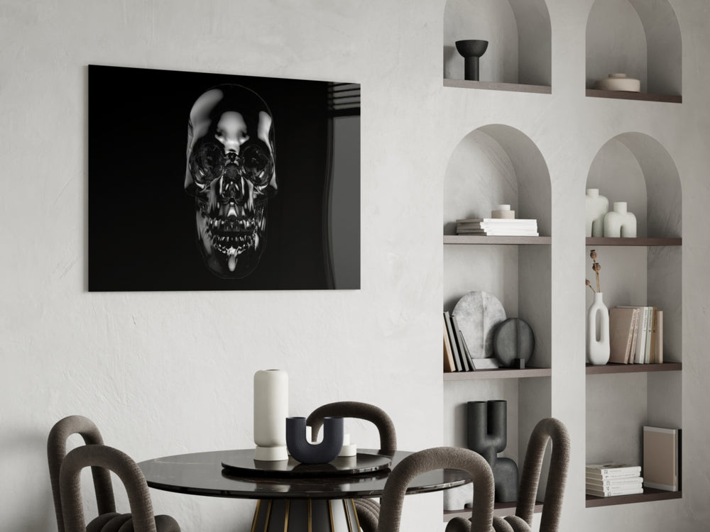 Black Skull glass print enhancing a gaming room with cinematic drama