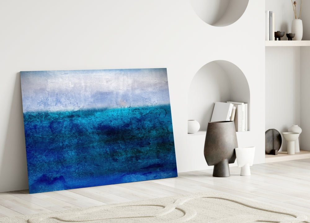 Indigo Sea glass wall art styled above a sofa in a living room