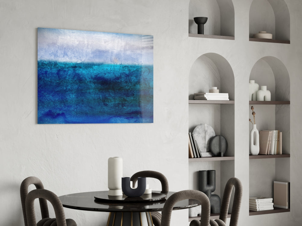 Indigo Sea glass print enhancing a bathroom with editorial drama