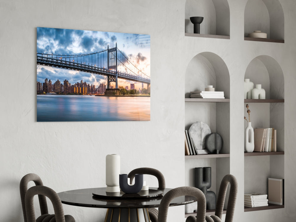Triboro Bridge glass print enhancing a study with cinematic drama