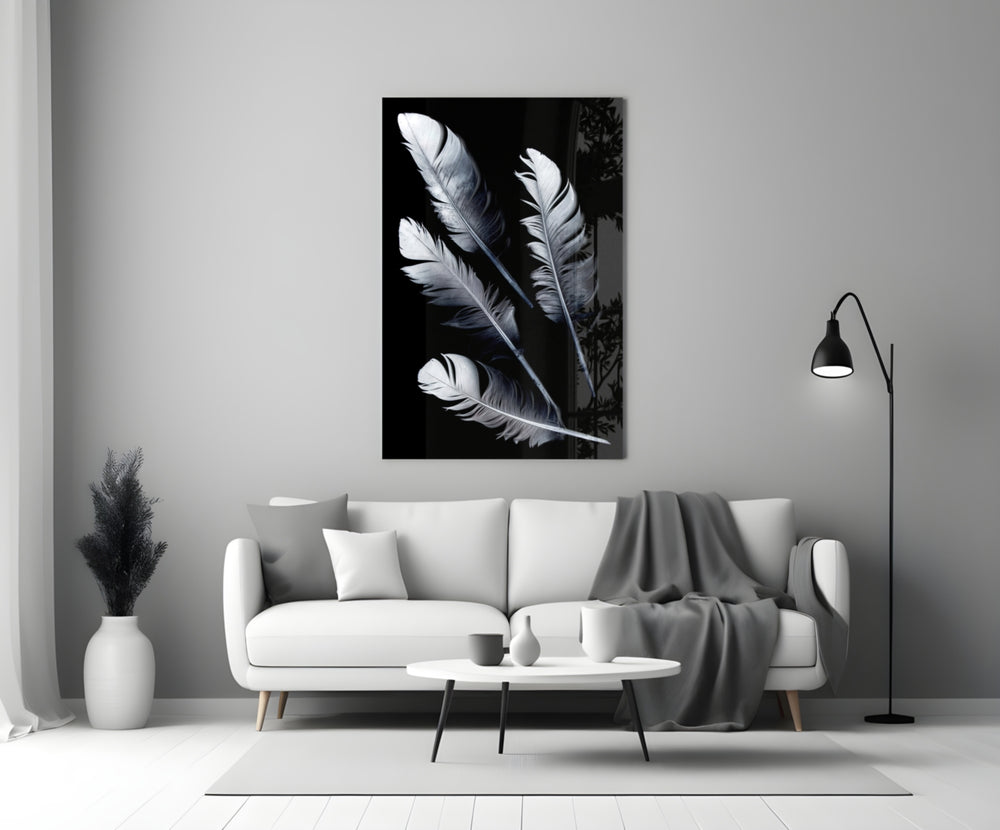 White Feathers glass wall art styled above a bed in a master bedroom