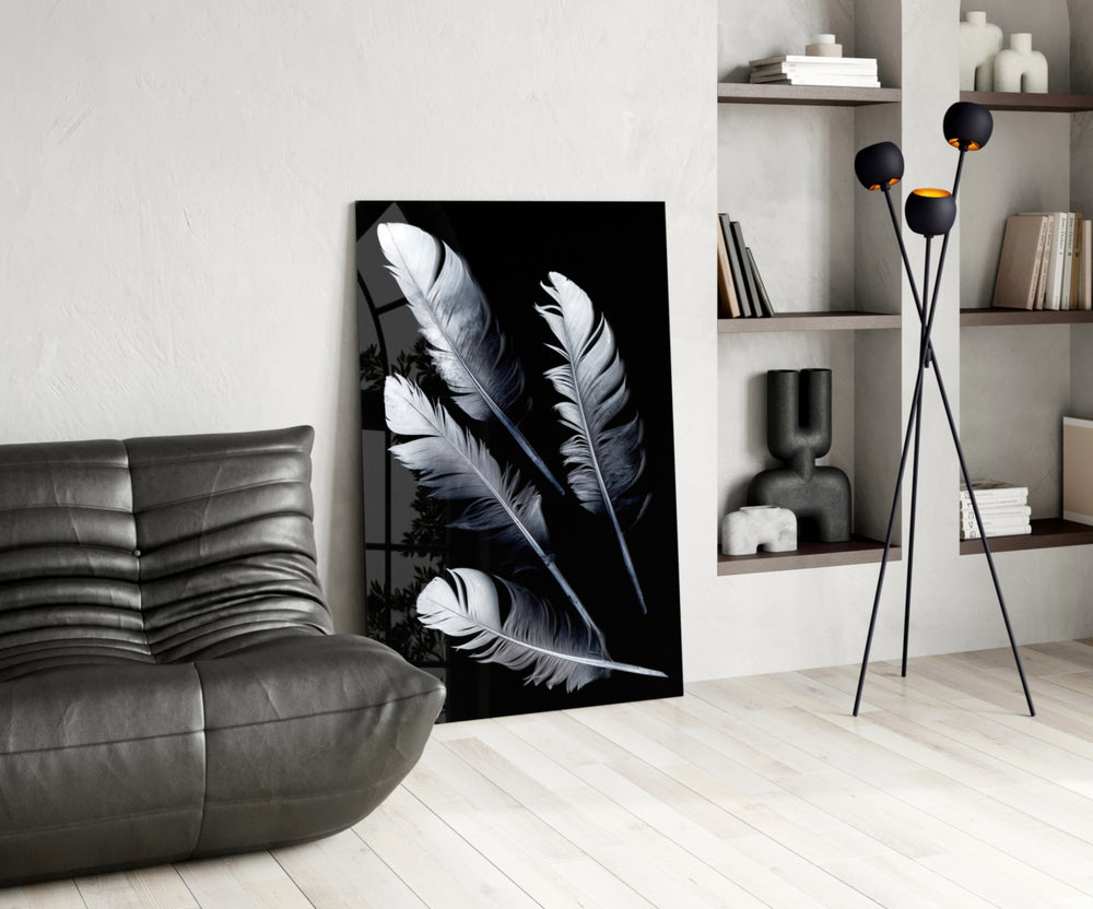 White Feathers glass print enhancing a hallway with editorial drama