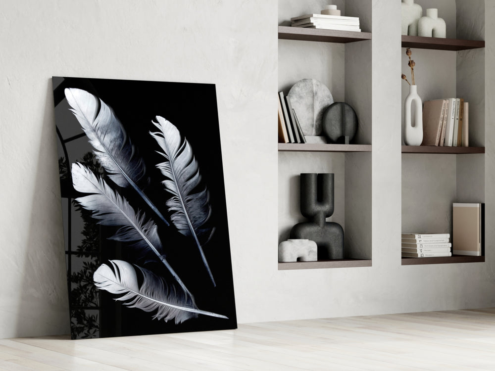 White Feathers artwork anchoring a wall with elegant minimal palette