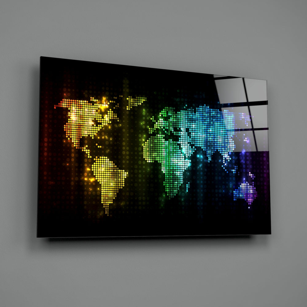 Neon Pixel Map close-up showing rainbow pixel continents against velvet black