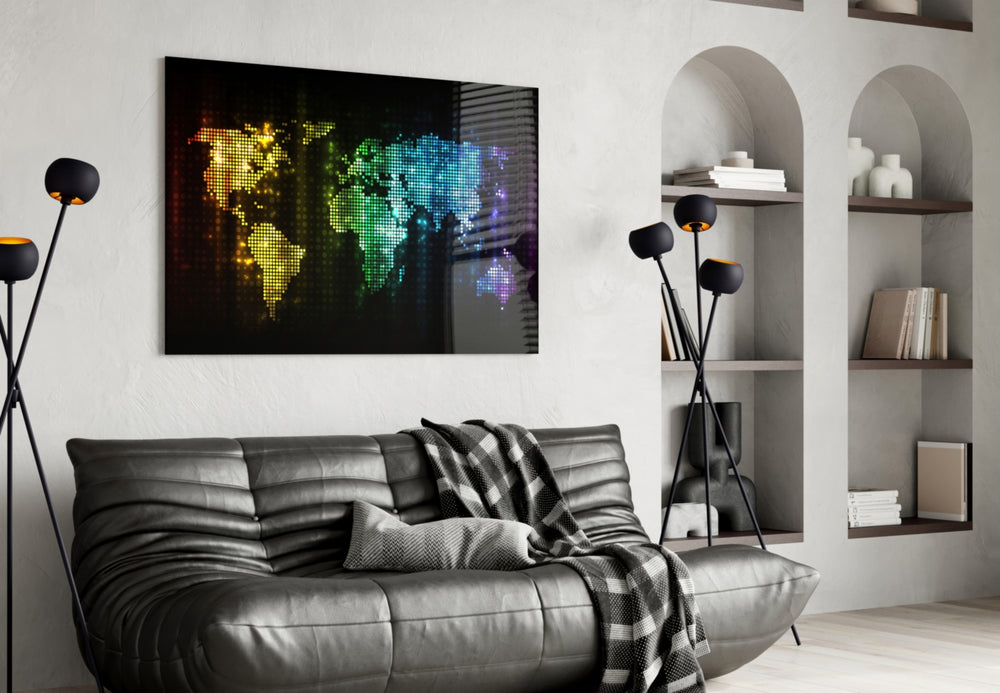 Neon Pixel Map panel adding editorial mood to a man's office