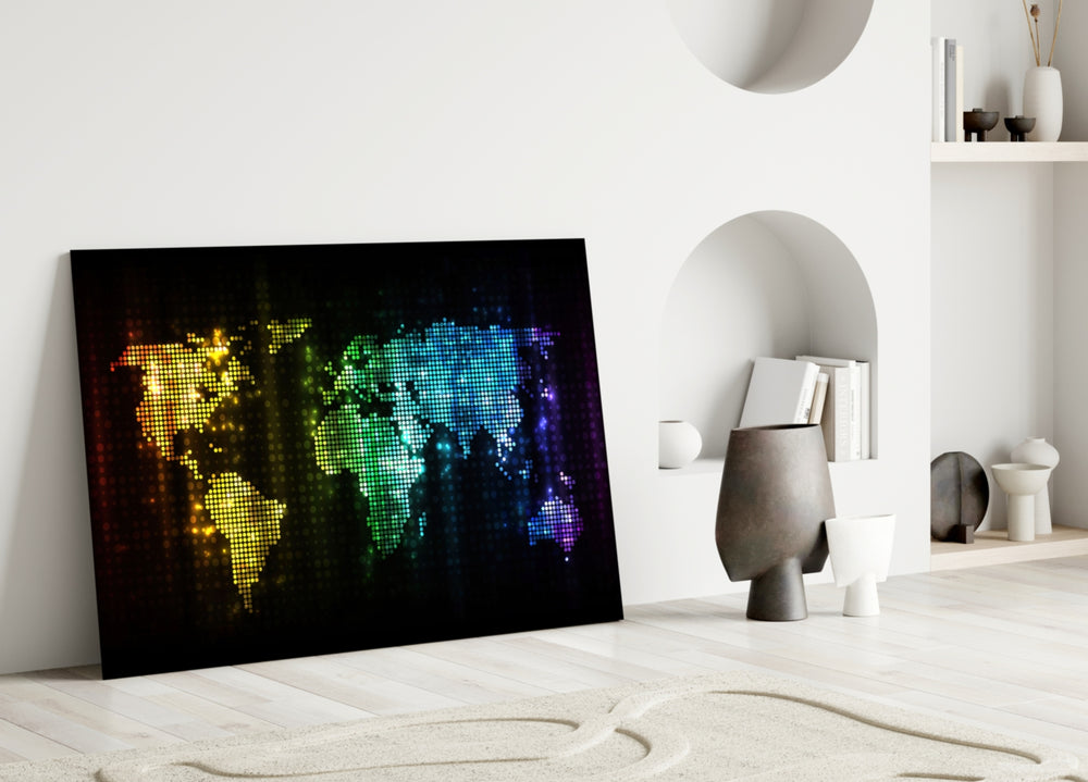 Neon Pixel Map glass wall art styled above a desk in a gaming room