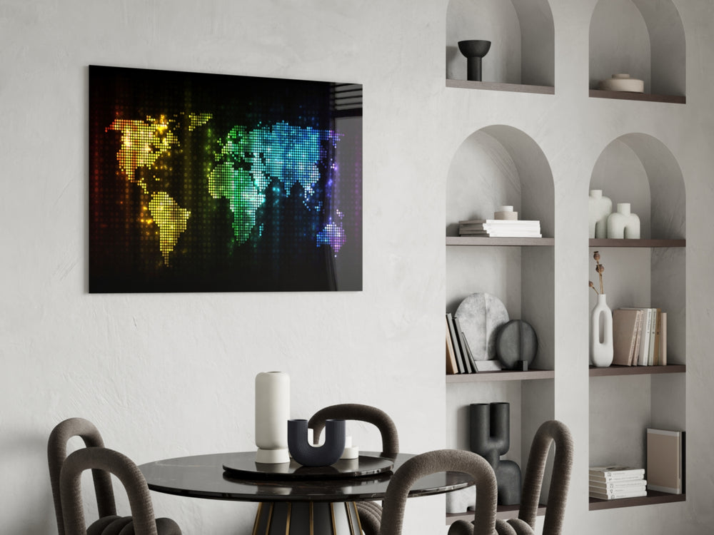 Neon Pixel Map glass print enhancing a creative office with cinematic drama