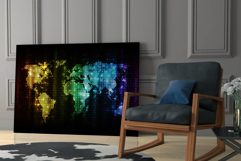 Neon Pixel Map artwork anchoring a wall with cyber futurist palette