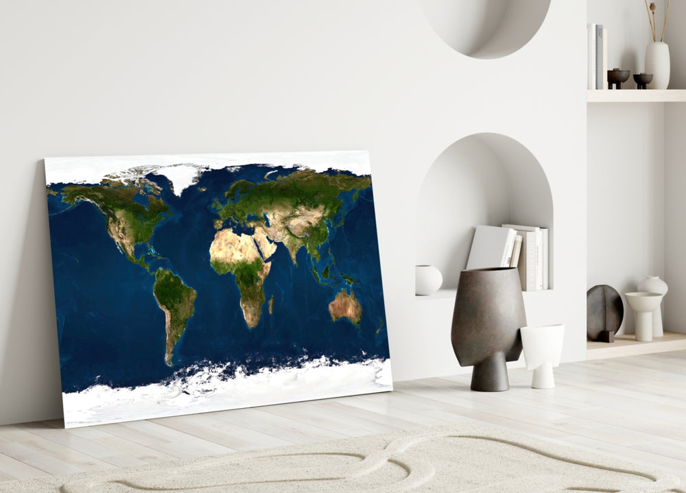 Satellite Earth glass wall art styled above a desk in a man's office