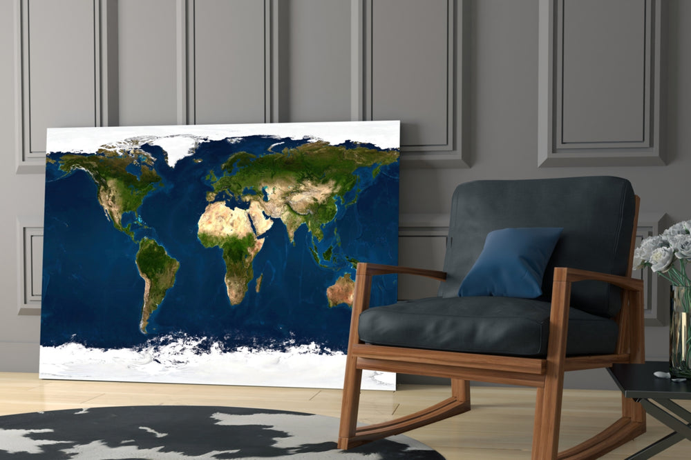 Satellite Earth artwork anchoring a wall with realist scholarly palette