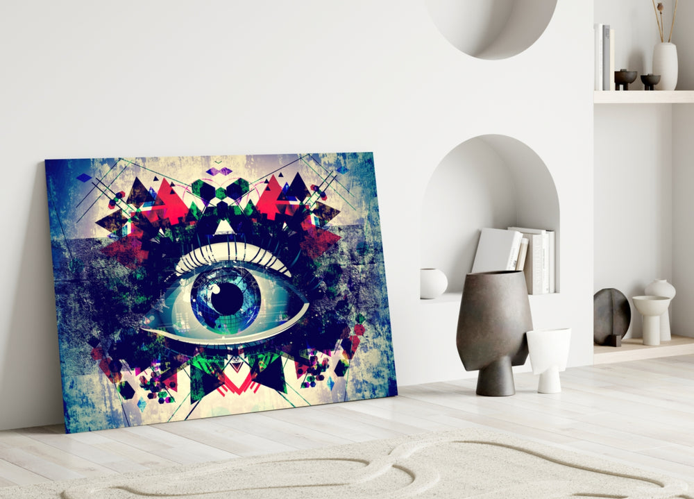 Glitch Eye glass wall art styled above a sofa in a gaming room