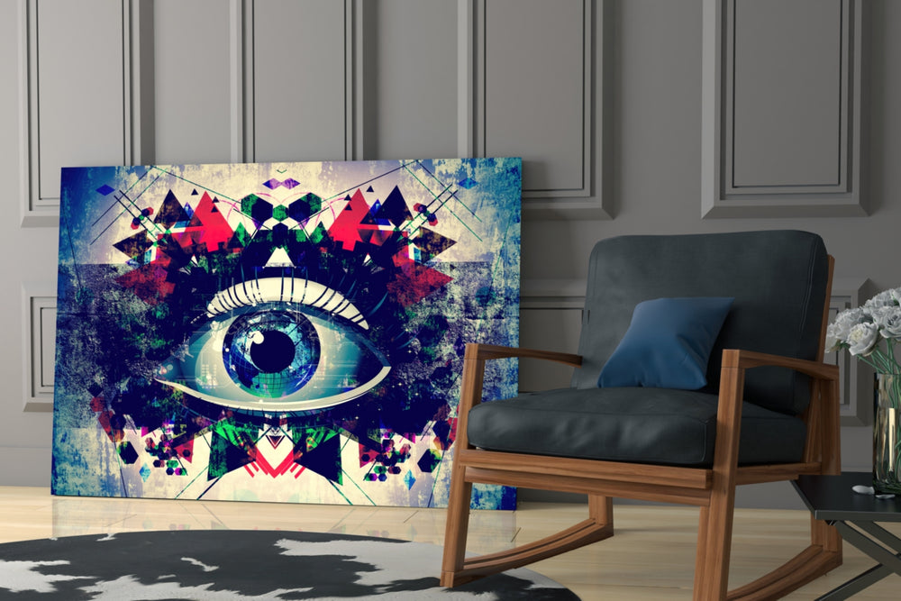 Glitch Eye artwork anchoring a wall with surreal futurist palette